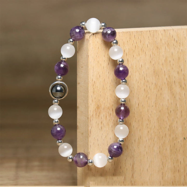 Buddha Stones Natural Amethyst White Cat's Eye Beads Balance Bracelet - image 5