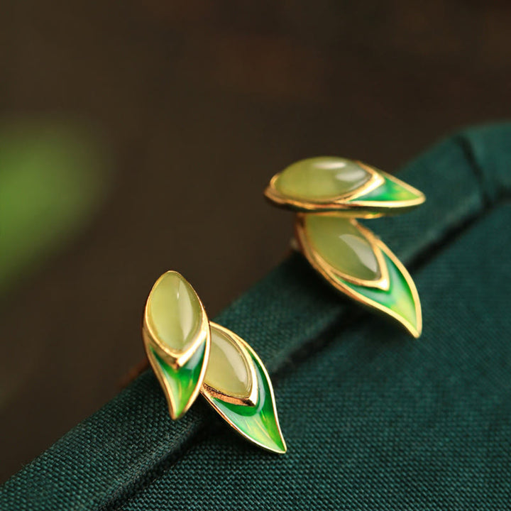 Buddha Stones 925 Sterling Silver Jade Leaf Prosperity Earrings  - Hetian Jade(925 Sterling Silver  Posts) - image 1