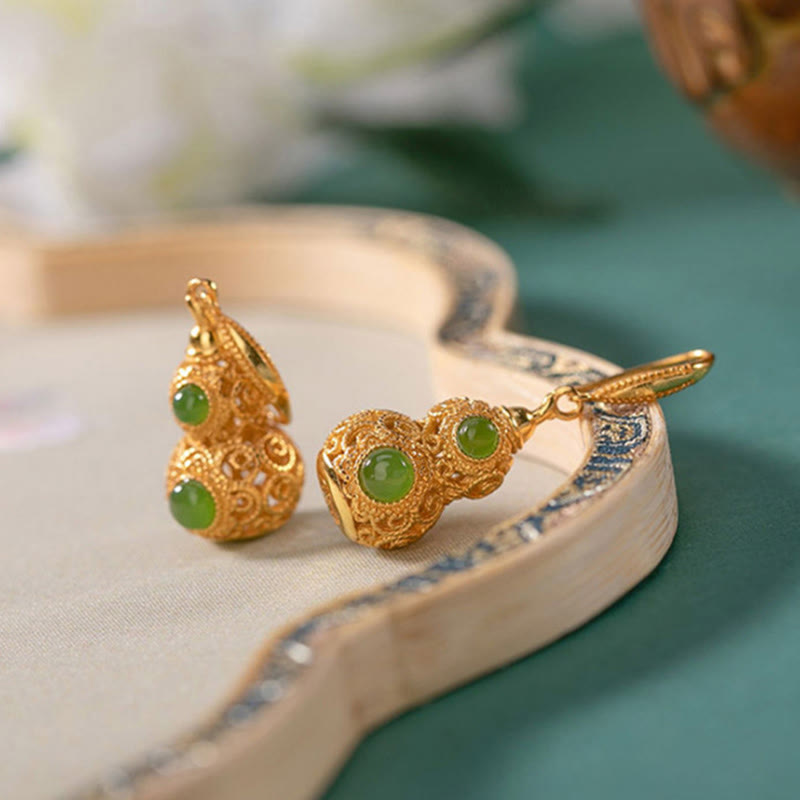 Buddha Stones Copper Hollow Gourd Jade Prosperity Earrings - image 3