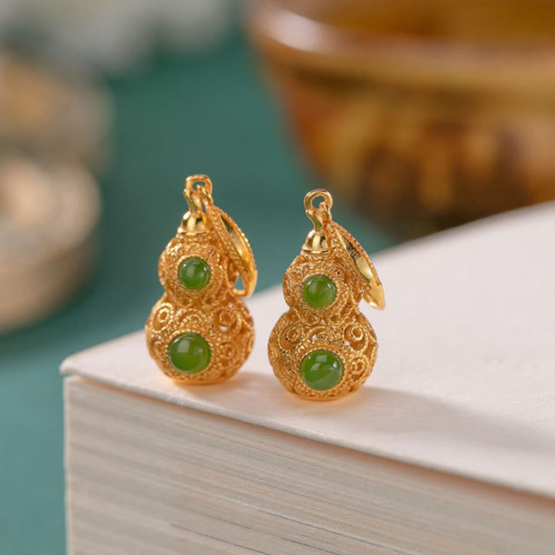 Buddha Stones Copper Hollow Gourd Jade Prosperity Earrings - image 2