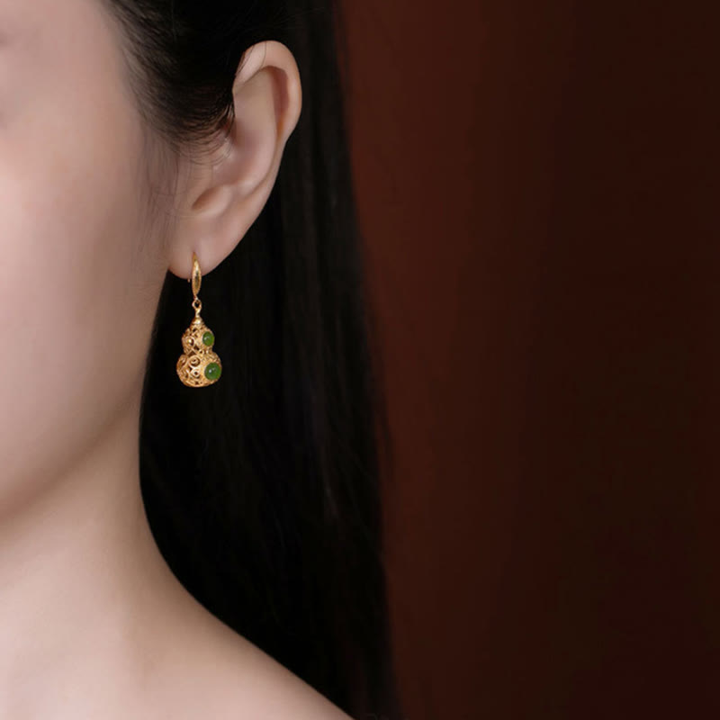 Buddha Stones Copper Hollow Gourd Jade Prosperity Earrings - image 5