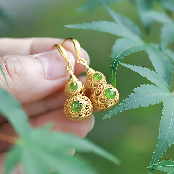 Buddha Stones Copper Hollow Gourd Jade Prosperity Earrings - image 11