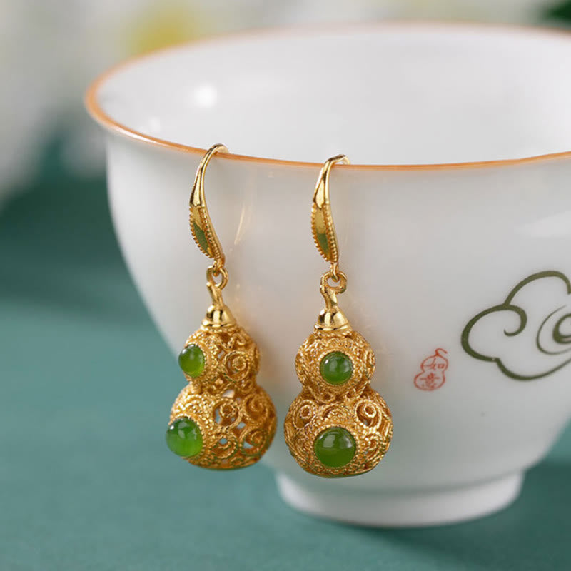 Buddha Stones Copper Hollow Gourd Jade Prosperity Earrings - Hollow Gourd(Copper Posts) - image 1