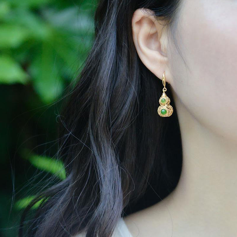 Buddha Stones Copper Hollow Gourd Jade Prosperity Earrings - image 10