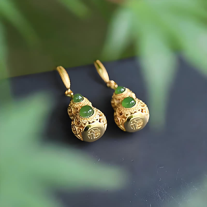 Buddha Stones Copper Hollow Gourd Jade Prosperity Earrings - image 14