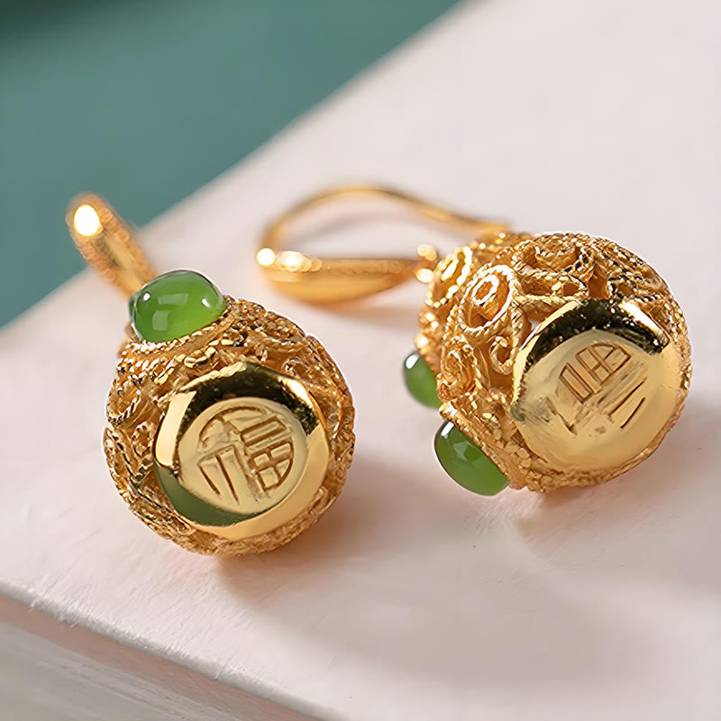 Buddha Stones Copper Hollow Gourd Jade Prosperity Earrings - image 4
