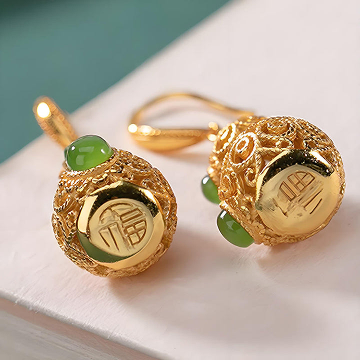 Buddha Stones Copper Hollow Gourd Jade Prosperity Earrings - image 4