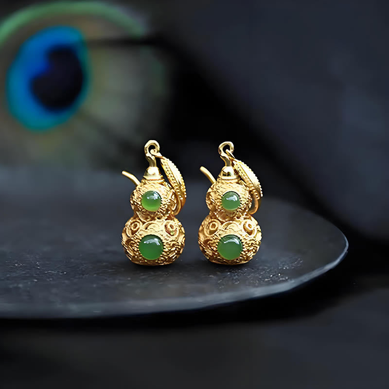 Buddha Stones Copper Hollow Gourd Jade Prosperity Earrings - image 15