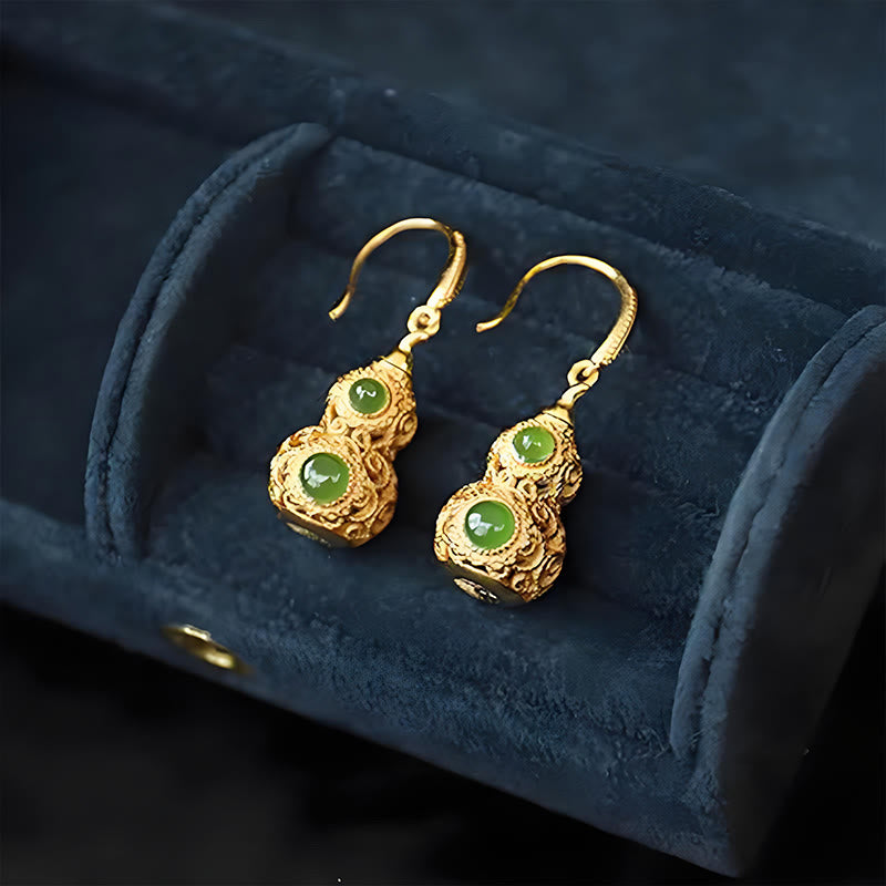 Buddha Stones Copper Hollow Gourd Jade Prosperity Earrings - image 9