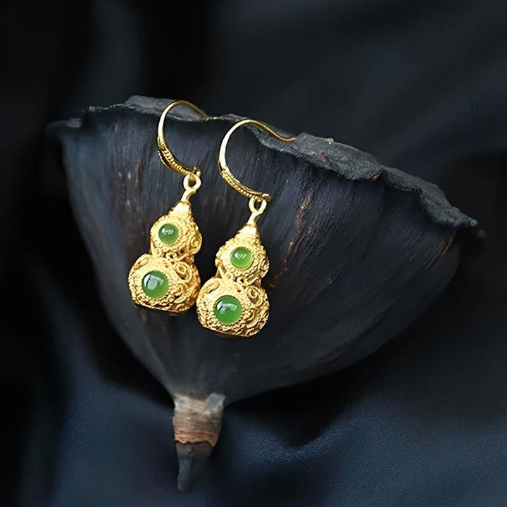 Buddha Stones Copper Hollow Gourd Jade Prosperity Earrings - image 12