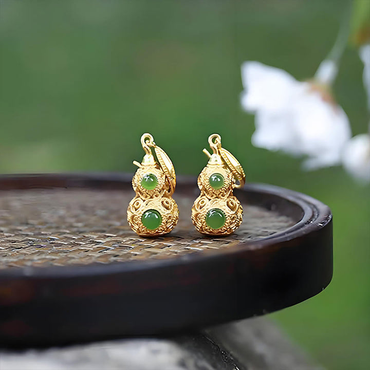 Buddha Stones Copper Hollow Gourd Jade Prosperity Earrings - image 13