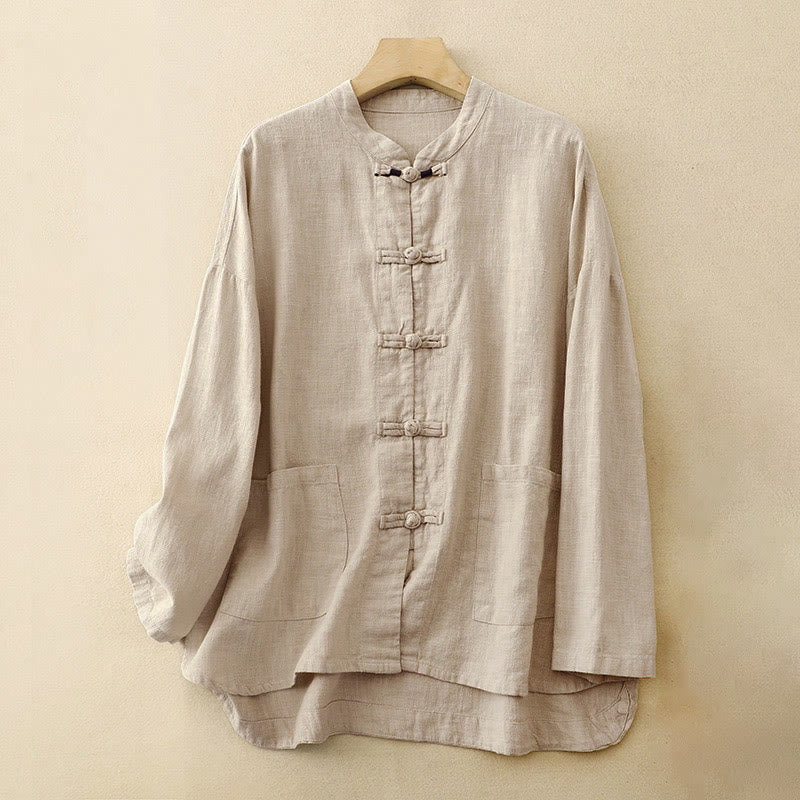 Buddha Stones Literary Artistic Chinese Knot Button Casual Cotton Clothing - Linen - US8-10，UK/AU12-14，EU40-42 (2XL) - image 0
