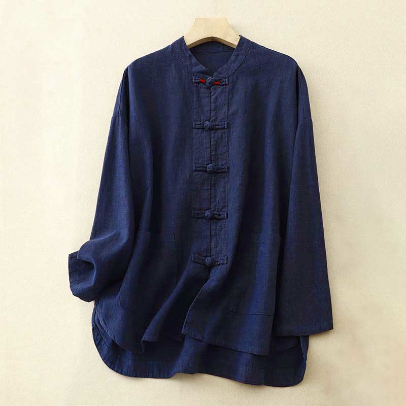 Buddha Stones Literary Artistic Chinese Knot Button Casual Cotton Clothing - MidnightBlue - US8-10，UK/AU12-14，EU40-42 (2XL) - image 9