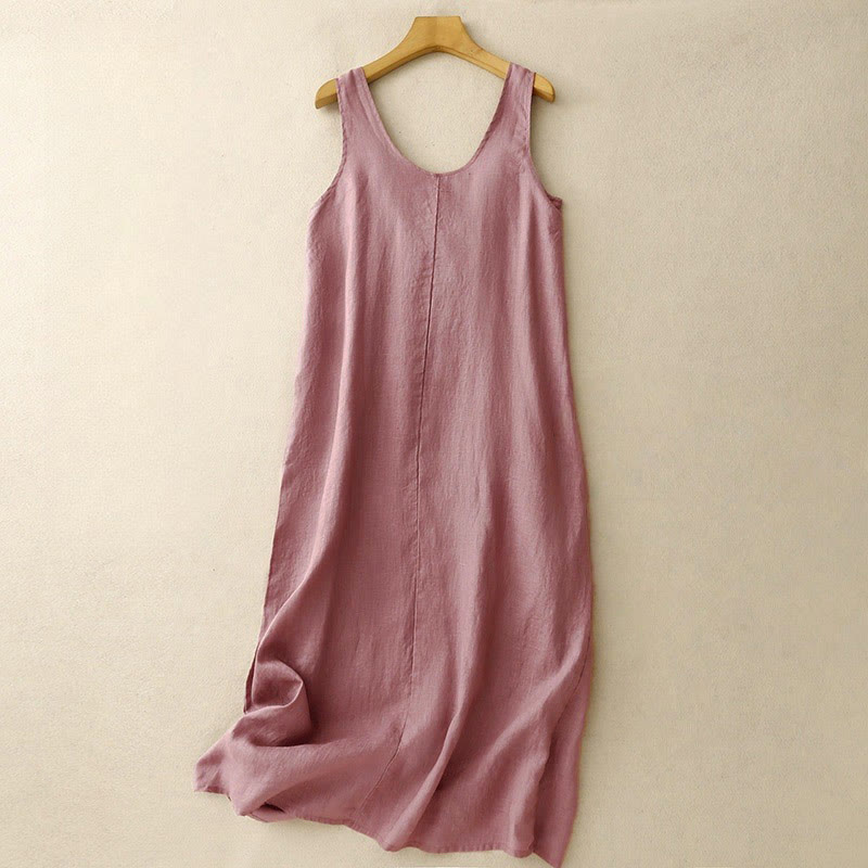 Buddha Stones Summer Daily Casual Pure Color Crew Neck Simple Design Sleeveless Cotton Linen Midi Dress - PaleVioletRed - US14，UK/AU18，EU46 (2XL) - image 1