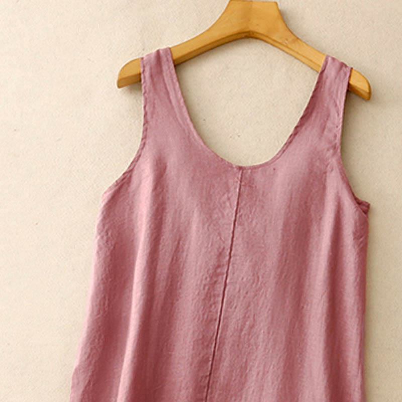 Buddha Stones Summer Daily Casual Pure Color Crew Neck Simple Design Sleeveless Cotton Linen Midi Dress - image 2