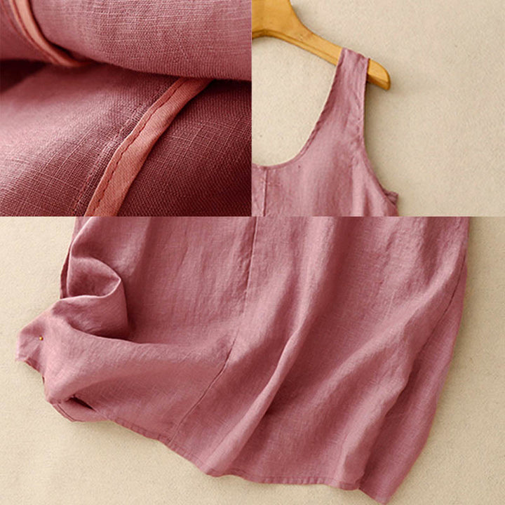 Buddha Stones Summer Daily Casual Pure Color Crew Neck Simple Design Sleeveless Cotton Linen Midi Dress - image 4