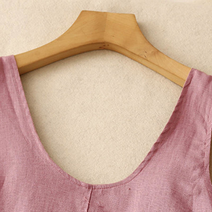 Buddha Stones Summer Daily Casual Pure Color Crew Neck Simple Design Sleeveless Midi Dress With Pockets - image 4