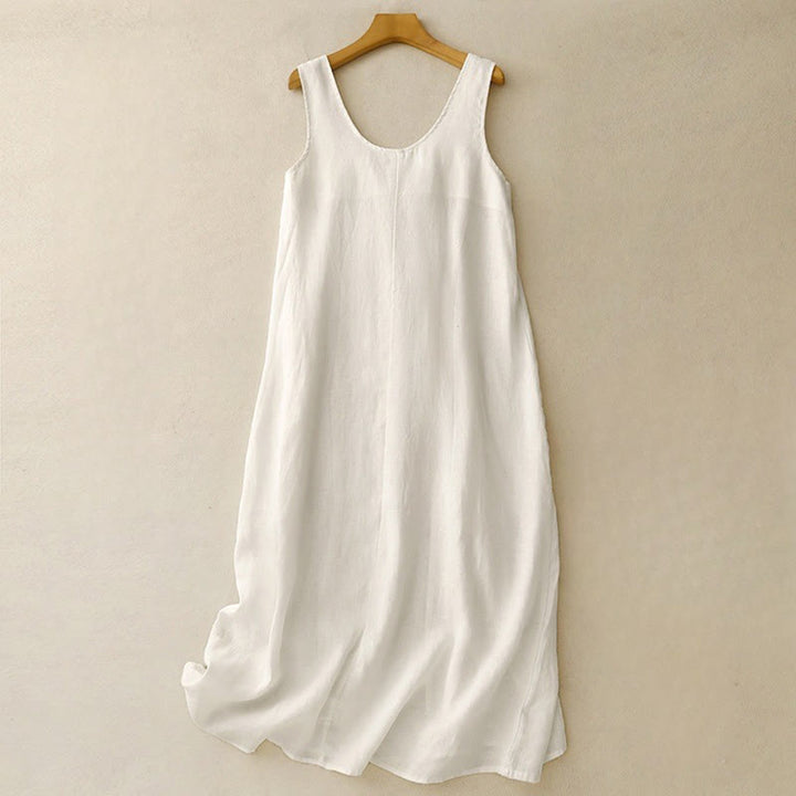 Buddha Stones Summer Daily Casual Pure Color Crew Neck Simple Design Sleeveless Cotton Linen Midi Dress - FloralWhite - US14，UK/AU18，EU46 (2XL) - image 8
