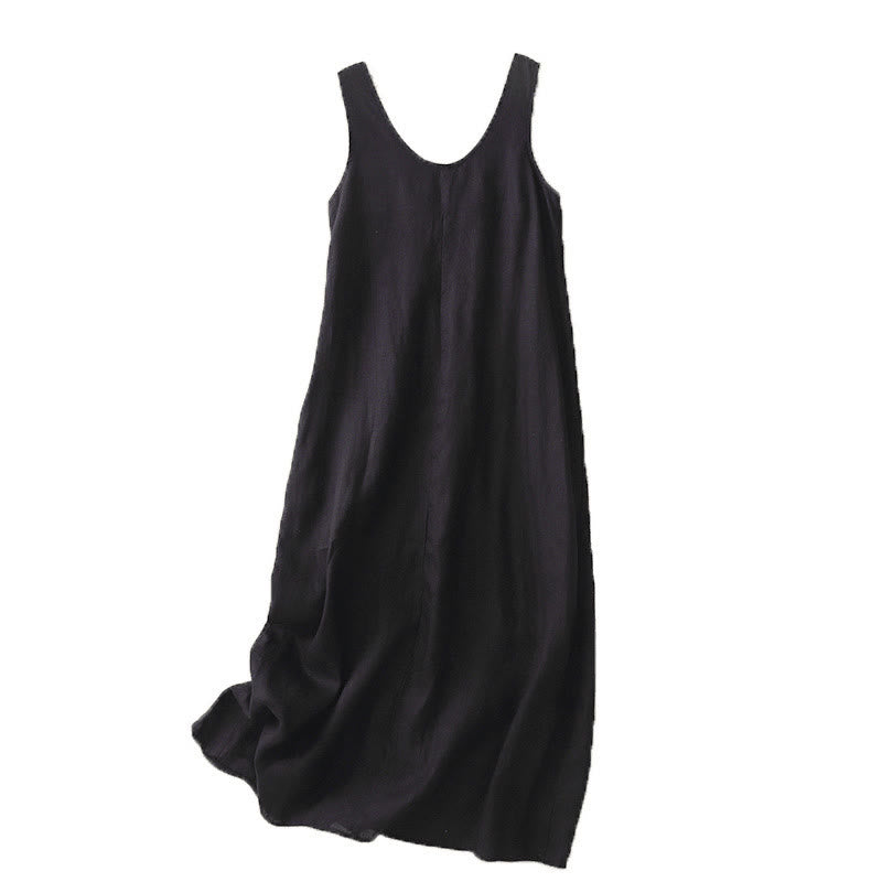 Buddha Stones Summer Daily Casual Pure Color Crew Neck Simple Design Sleeveless Cotton Linen Midi Dress - image 13