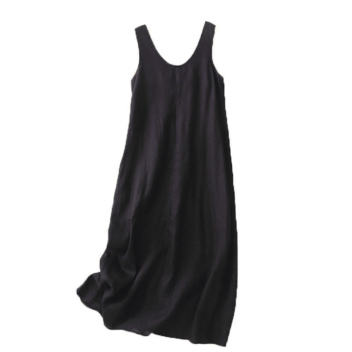 Buddha Stones Summer Daily Casual Pure Color Crew Neck Simple Design Sleeveless Cotton Linen Midi Dress - image 13