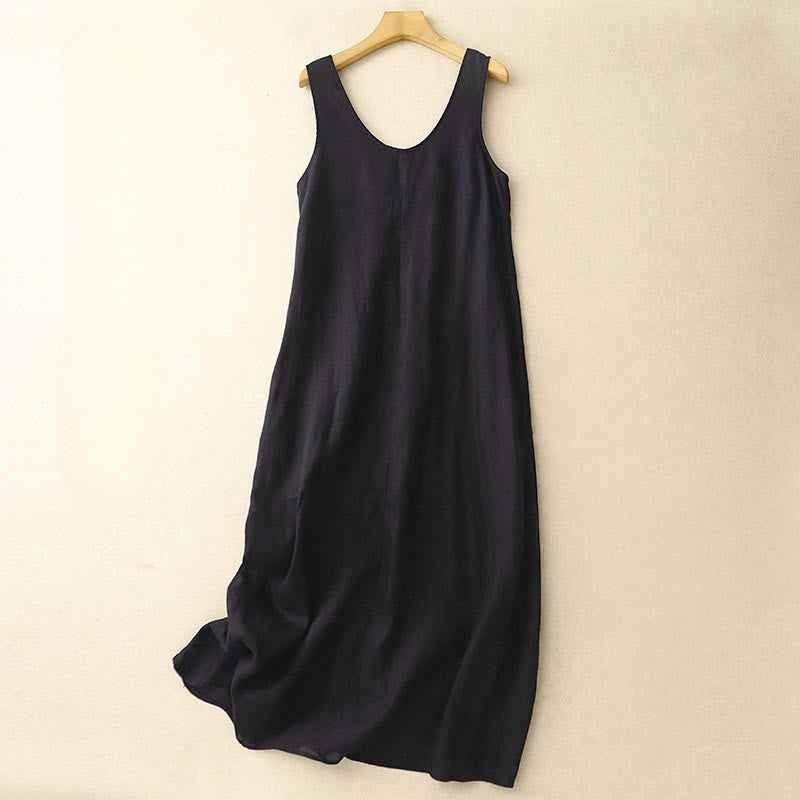 Buddha Stones Summer Daily Casual Pure Color Crew Neck Simple Design Sleeveless Cotton Linen Midi Dress - Black - US14，UK/AU18，EU46 (2XL) - image 11