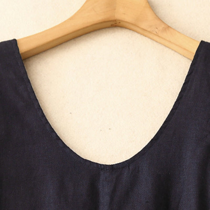 Buddha Stones Summer Daily Casual Pure Color Crew Neck Simple Design Sleeveless Cotton Linen Midi Dress - image 14