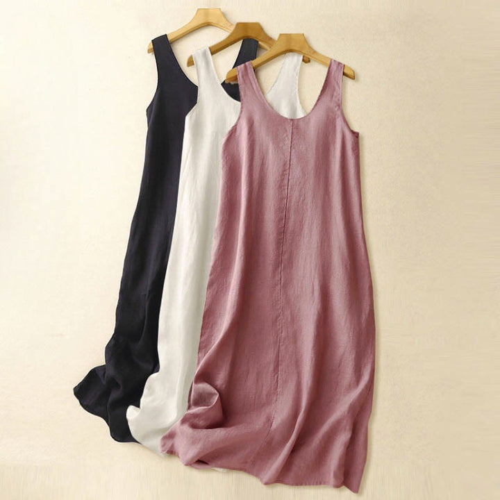 Buddha Stones Summer Daily Casual Pure Color Crew Neck Simple Design Sleeveless Cotton Linen Midi Dress - image 17