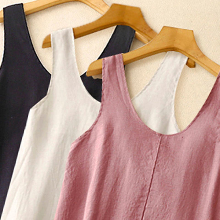 Buddha Stones Summer Daily Casual Pure Color Crew Neck Simple Design Sleeveless Cotton Linen Midi Dress - image 18
