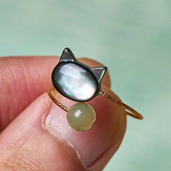 Buddha Stones Black Tridacna Stone Cat Jade Blessing Adjustable Ring - image 2