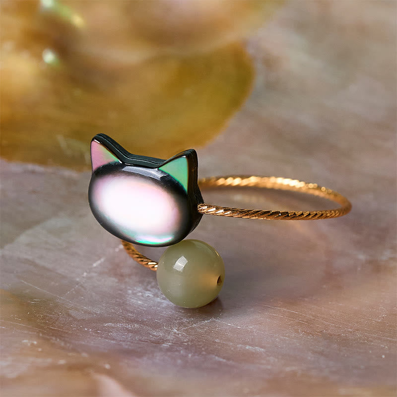 Buddha Stones Black Tridacna Stone Cat Jade Blessing Adjustable Ring - image 3