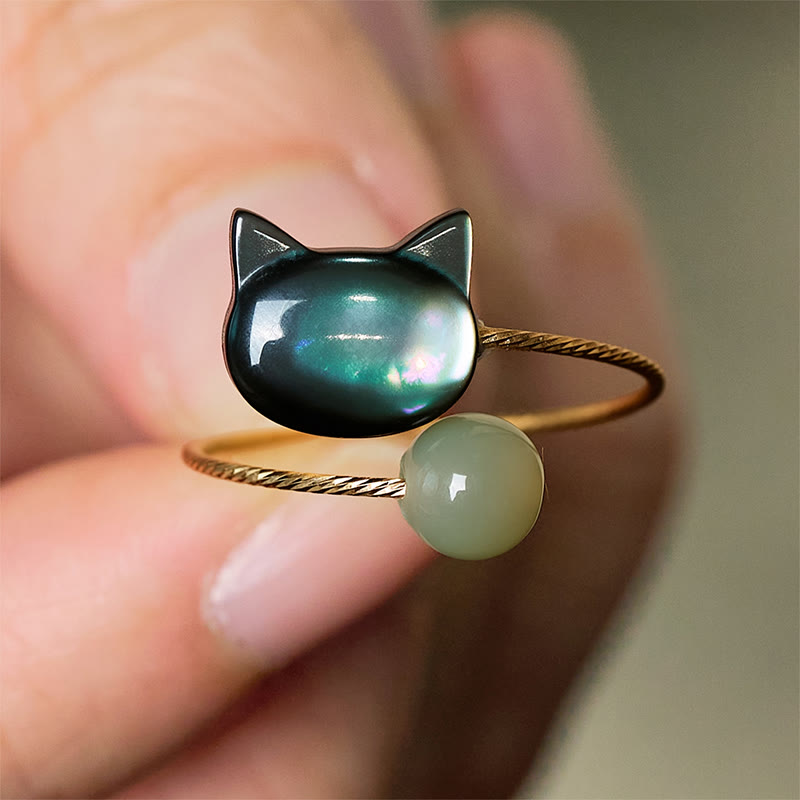 Buddha Stones Black Tridacna Stone Cat Jade Blessing Adjustable Ring - Adjustable - image 0
