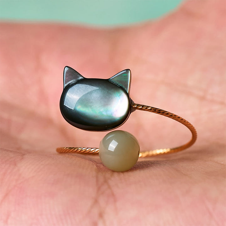 Buddha Stones Black Tridacna Stone Cat Jade Blessing Adjustable Ring - image 11