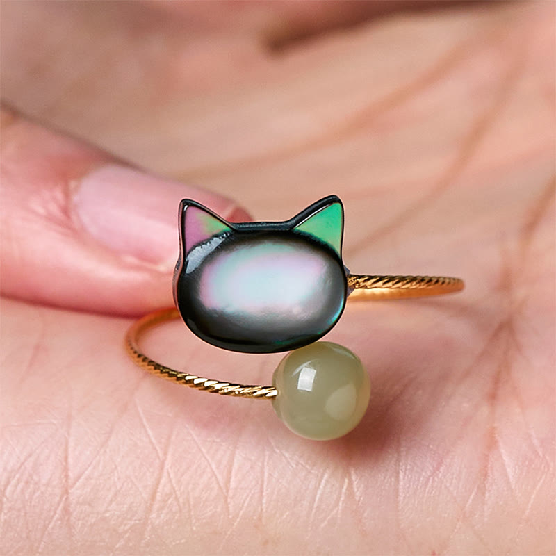 Buddha Stones Black Tridacna Stone Cat Jade Blessing Adjustable Ring - image 10