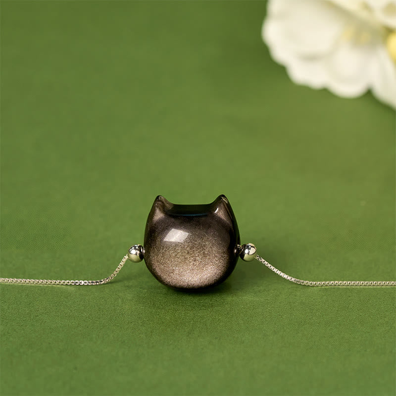 Buddha Stones 925 Sterling Silver Silver Sheen Obsidian Gold Sheen Obsidian Cat Soothing Bracelet - image 3