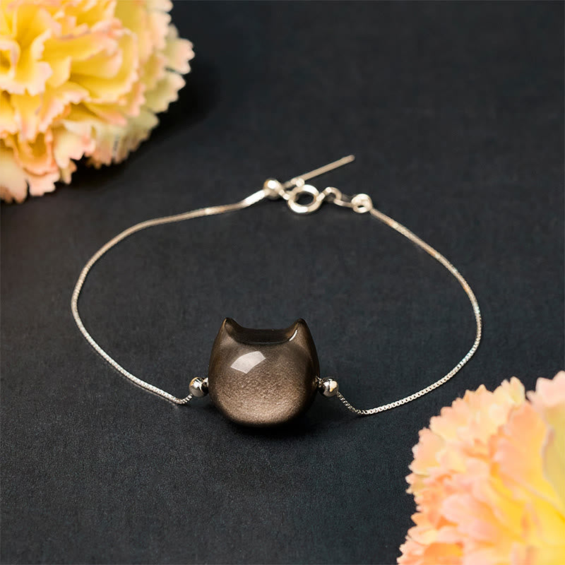Buddha Stones 925 Sterling Silver Silver Sheen Obsidian Gold Sheen Obsidian Cat Soothing Bracelet - image 4