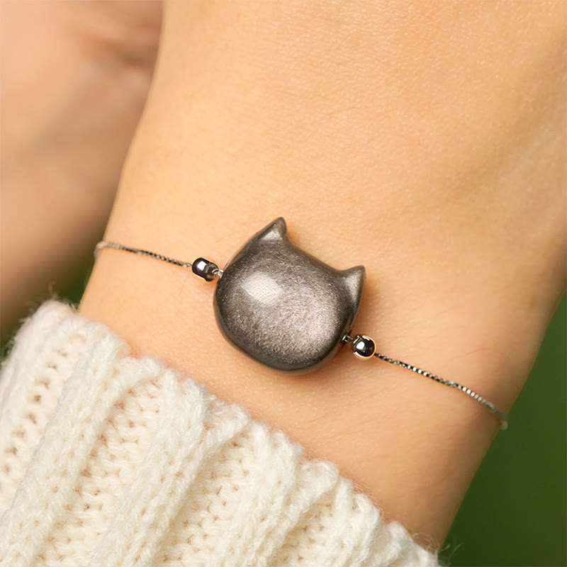 Buddha Stones 925 Sterling Silver Silver Sheen Obsidian Gold Sheen Obsidian Cat Soothing Bracelet - image 2