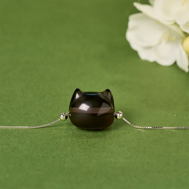 Buddha Stones 925 Sterling Silver Cat Natural Ice Obsidian Positive Bracelet - image 1