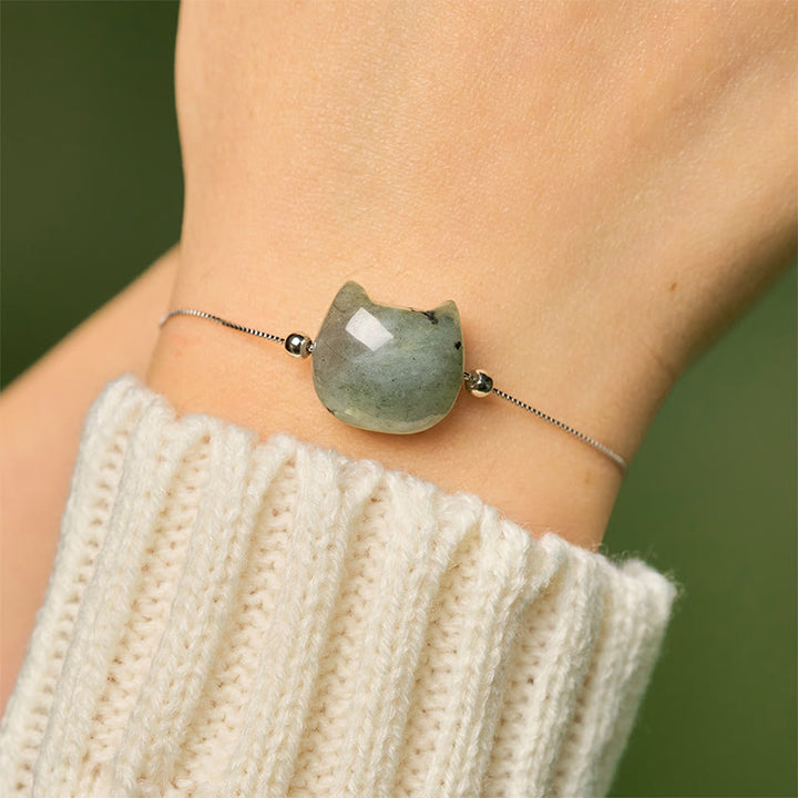 Buddha Stones 925 Sterling Silver Faceless Cat Head Natural Labradorite Healing Bracelet - image 5