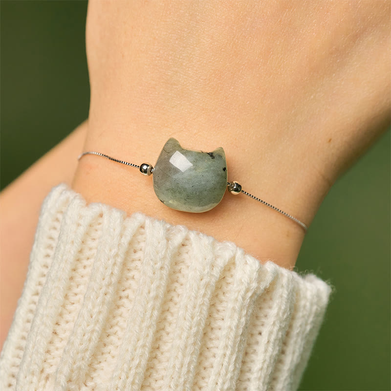 Buddha Stones 925 Sterling Silver Faceless Cat Head Natural Labradorite Healing Bracelet - image 4