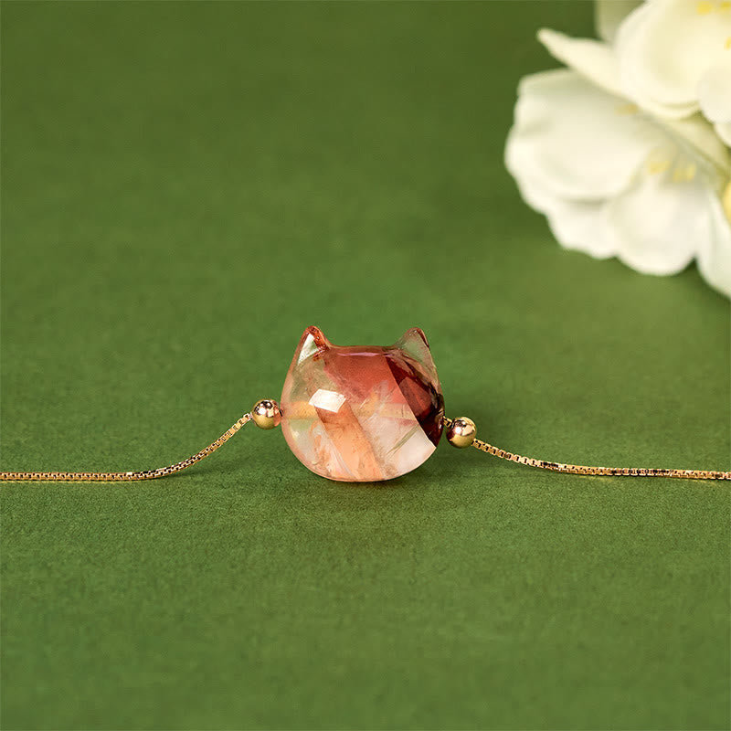 Buddha Stones 925 Sterling Silver Faceless Cat Head Natural Red Flower Quartz Passion Bracelet - image 1