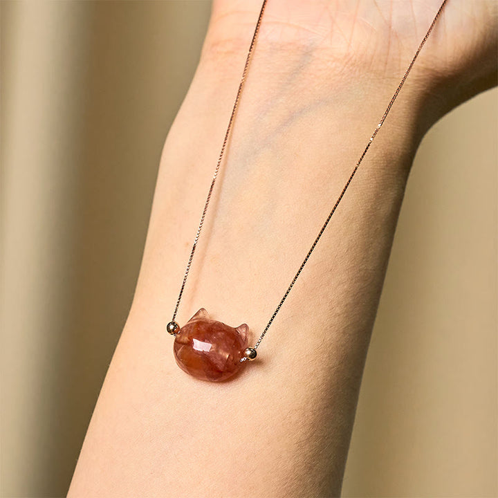 Buddha Stones 925 Sterling Silver Cat Head Natural Red Flower Quartz Protection Necklace Pendant - image 10