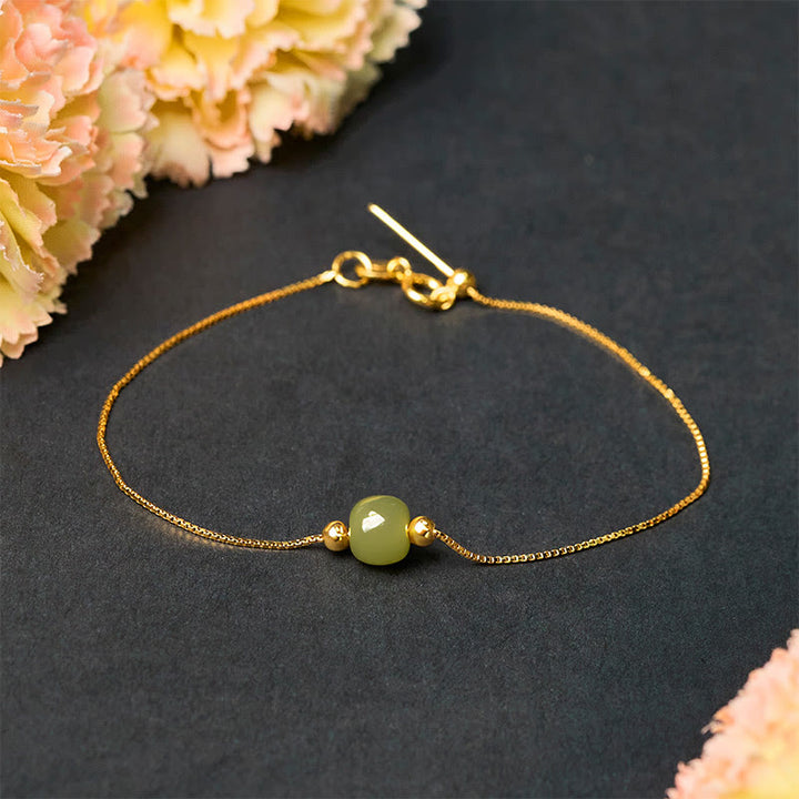 Buddha Stones 925 Sterling Silver Natural Jade Bead Abundance Chain Bracelet - Dark Green Jade - 925 Sterling Silver Plated Gold Chain - image 0
