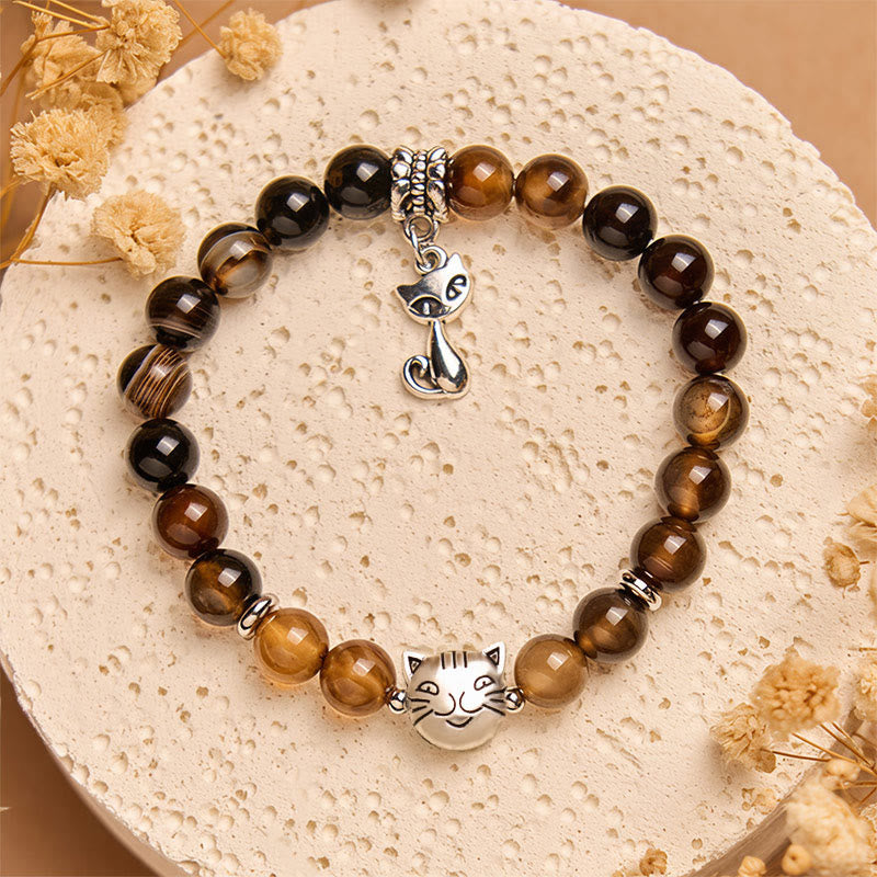 Buddha Stones Chocolate Siamese Cat Dark Brown Striped Agate Bead Protection Bracelet - image 2
