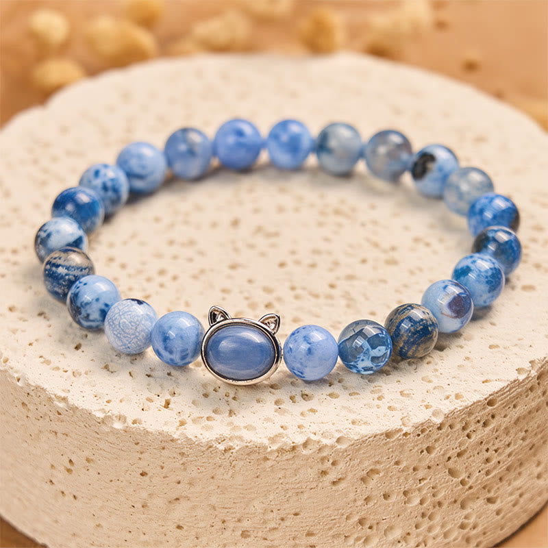Buddha Stones Natural Cat Head Blue Agate Kyanite Protection Bracelet - Blue Agate(Wrist Circumference: 14-16cm) - image 1