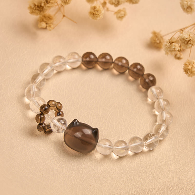 Buddha Stones Japanese Bobtail Cat Natural White Crystal Smoky Quartz Protection Bracelet - image 2