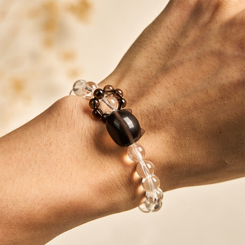 Buddha Stones Japanese Bobtail Cat Natural White Crystal Smoky Quartz Protection Bracelet - image 4