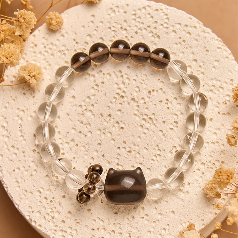 Buddha Stones Japanese Bobtail Cat Natural White Crystal Smoky Quartz Protection Bracelet - image 2
