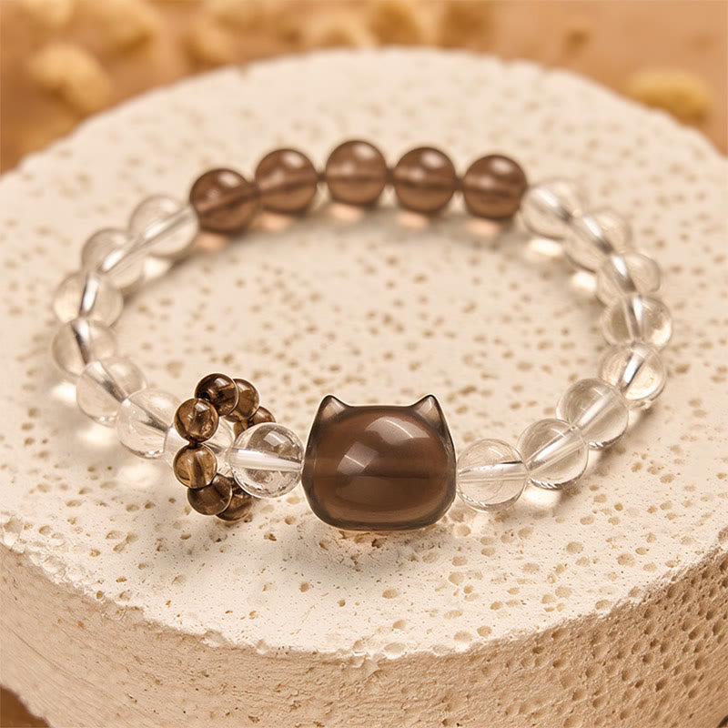 Buddha Stones Japanese Bobtail Cat Natural White Crystal Smoky Quartz Protection Bracelet - image 3