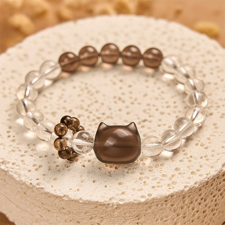 Buddha Stones Japanese Bobtail Cat Natural White Crystal Smoky Quartz Protection Bracelet - image 3