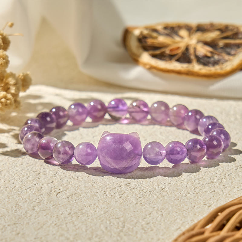 Buddha Stones Cute Cat Face Amethyst Spiritual Awareness Bracelet - Amethyst(Wrist Circumference 15-20cm) - image 0